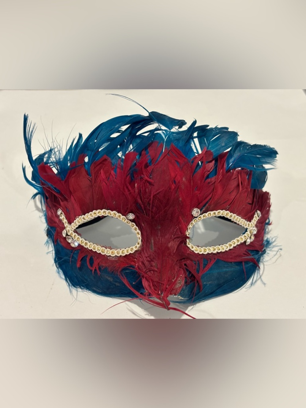 Feather Masquerade Eye Mask with Gem Trim Burgundy and Teal